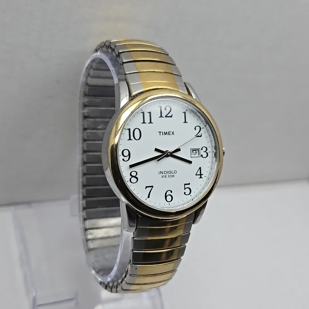Mens Timex R6 Date Indiglo Two Tone Quartz Analog Watch New Battery